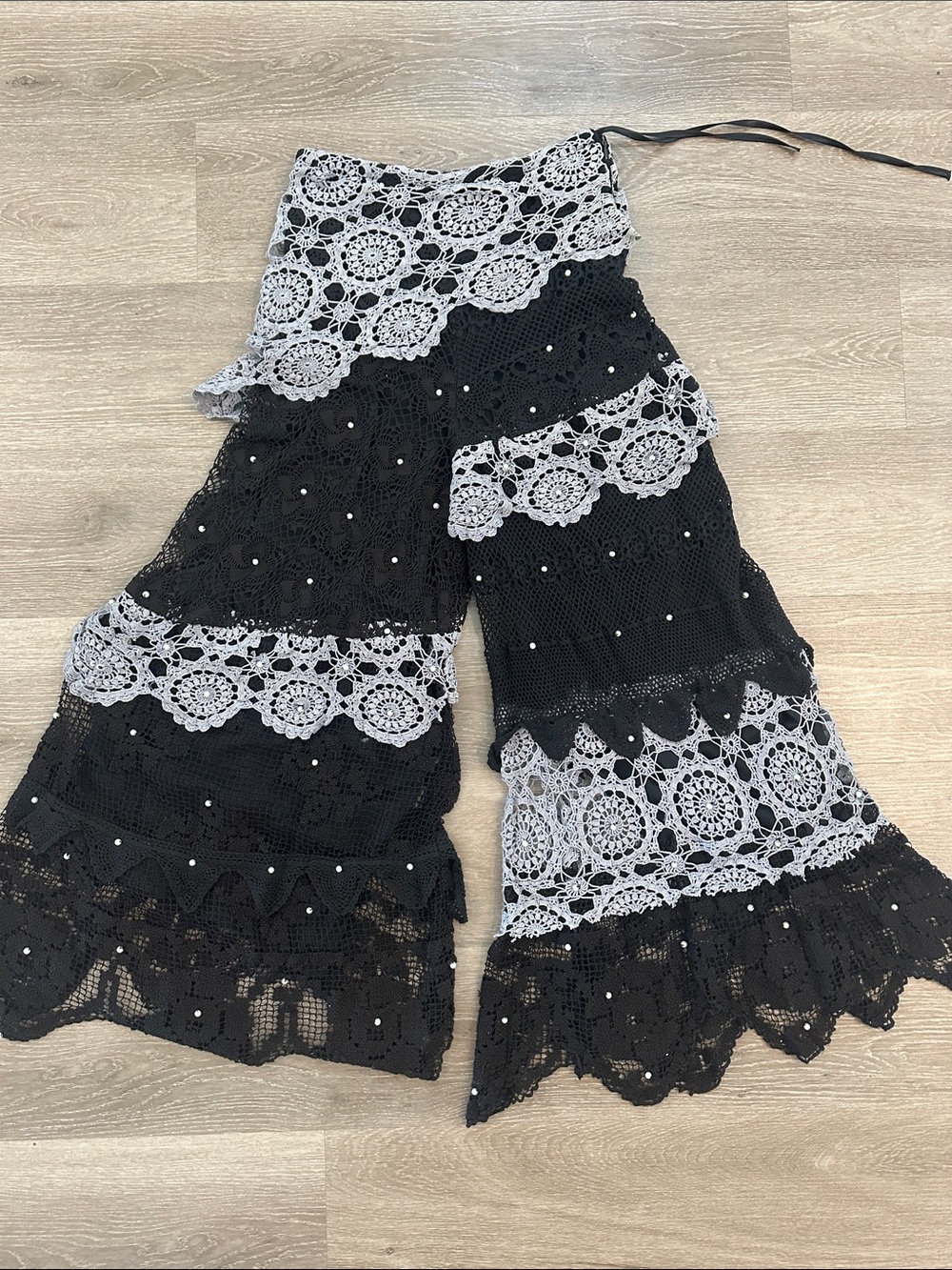 Black and greg Crochet Lace Scarf fairy handmade wide leg boho knit pants